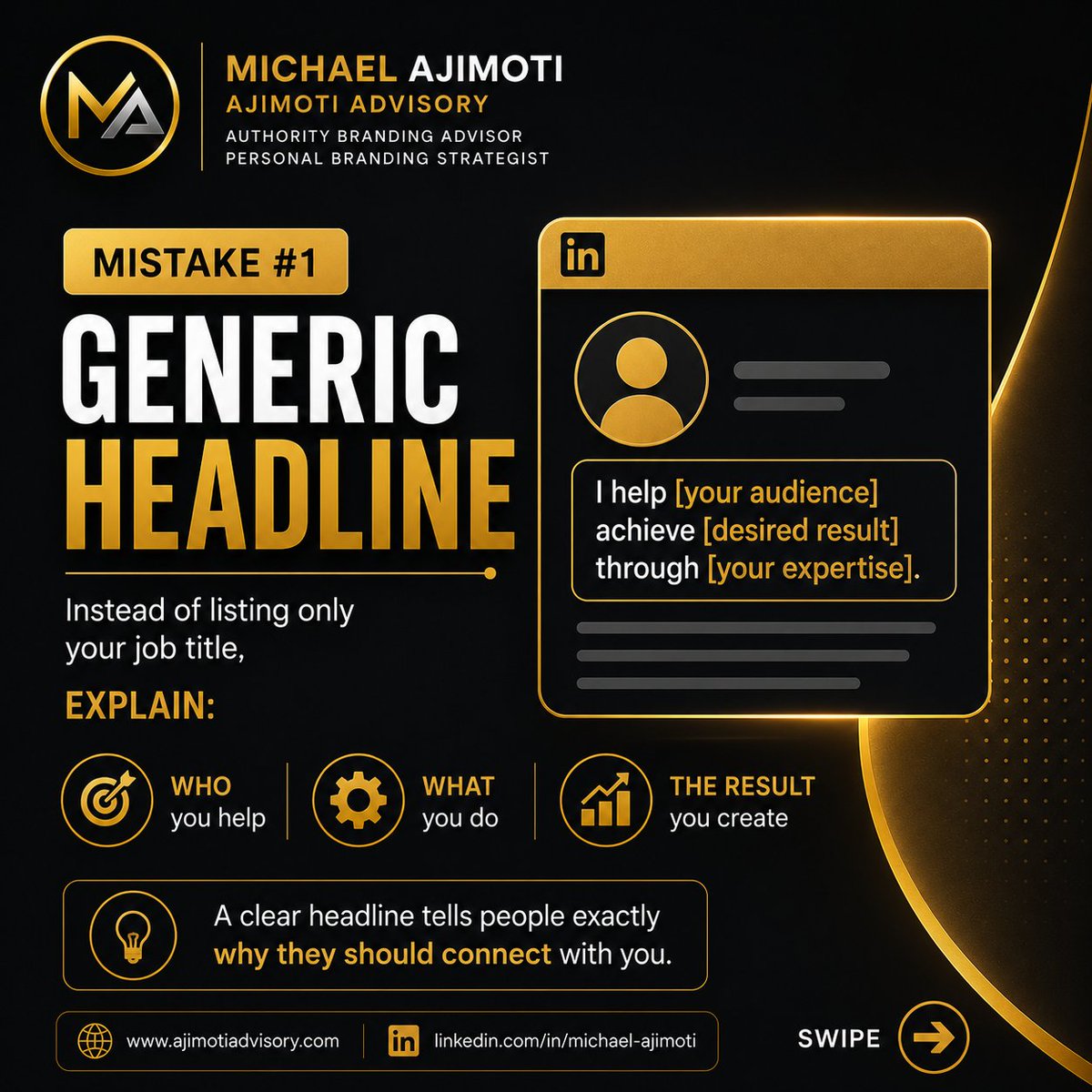 AjimotiAdvisory's tweet photo. Your LinkedIn profile is your digital first impression.

If it's unclear, outdated, or inactive, opportunities may pass you by.

Fix these 5 common mistakes and become more visible.

Which one are you working on?

#LinkedIn #PersonalBranding #Growth #Visibility #AjimotiAdvisory https://t.co/VhnNhbz6wf