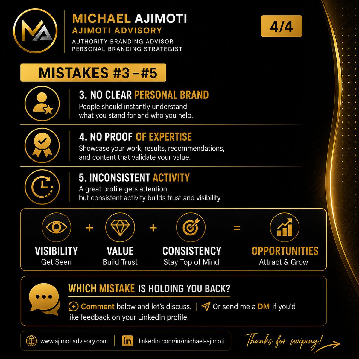 AjimotiAdvisory's tweet photo. Your LinkedIn profile is your digital first impression.

If it's unclear, outdated, or inactive, opportunities may pass you by.

Fix these 5 common mistakes and become more visible.

Which one are you working on?

#LinkedIn #PersonalBranding #Growth #Visibility #AjimotiAdvisory https://t.co/VhnNhbz6wf