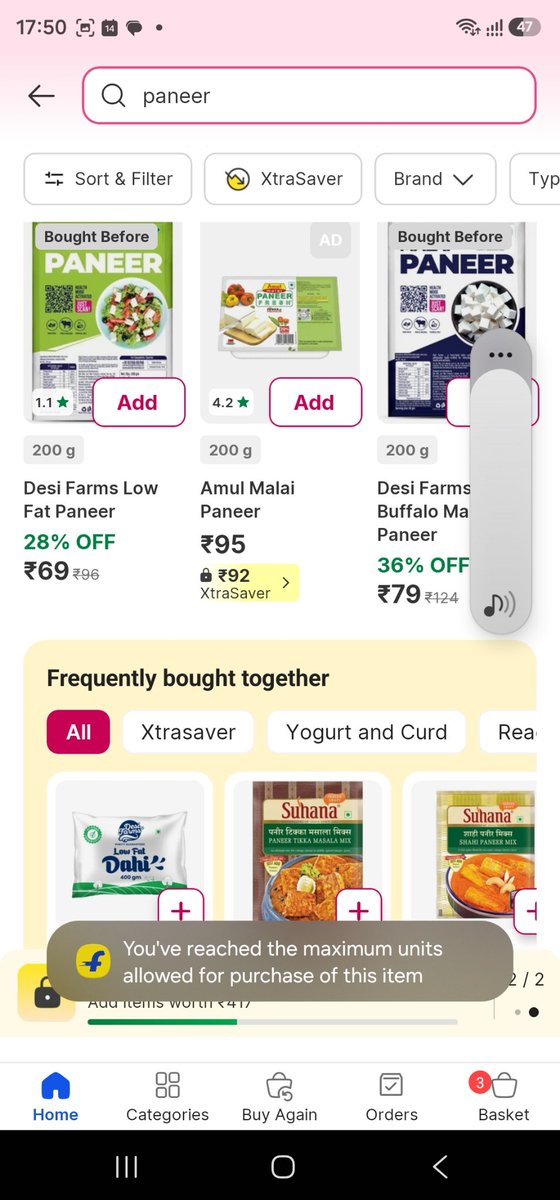 Hi_Priyanka's tweet photo. @flipkartsupport this is really stupid. We eat 1 packet of low fat paneer everyday. Now the app is stopping me from buying paneer. How terribly dumb is that, milk paneer curd etc are daily consumption items! I am not effing hoarding them https://t.co/yflyIDsDGQ