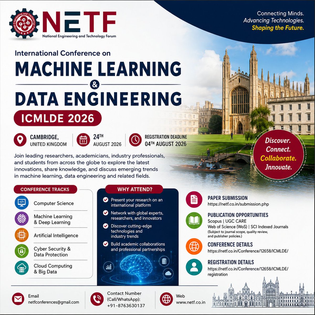 NetfConferences's tweet photo. 🚀 International Conference on Machine Learning &amp; Data Engineering (ICMLDE 2026)

📍 Cambridge, UK
📅 24 Aug 2026

🔗 Details &amp; Registration: https://t.co/V3IHZb2MGH

#NETFConferences #MachineLearning #DataEngineering #ArtificialIntelligence #ComputerScience #CyberSecurity https://t.co/DxFJmr8iMK