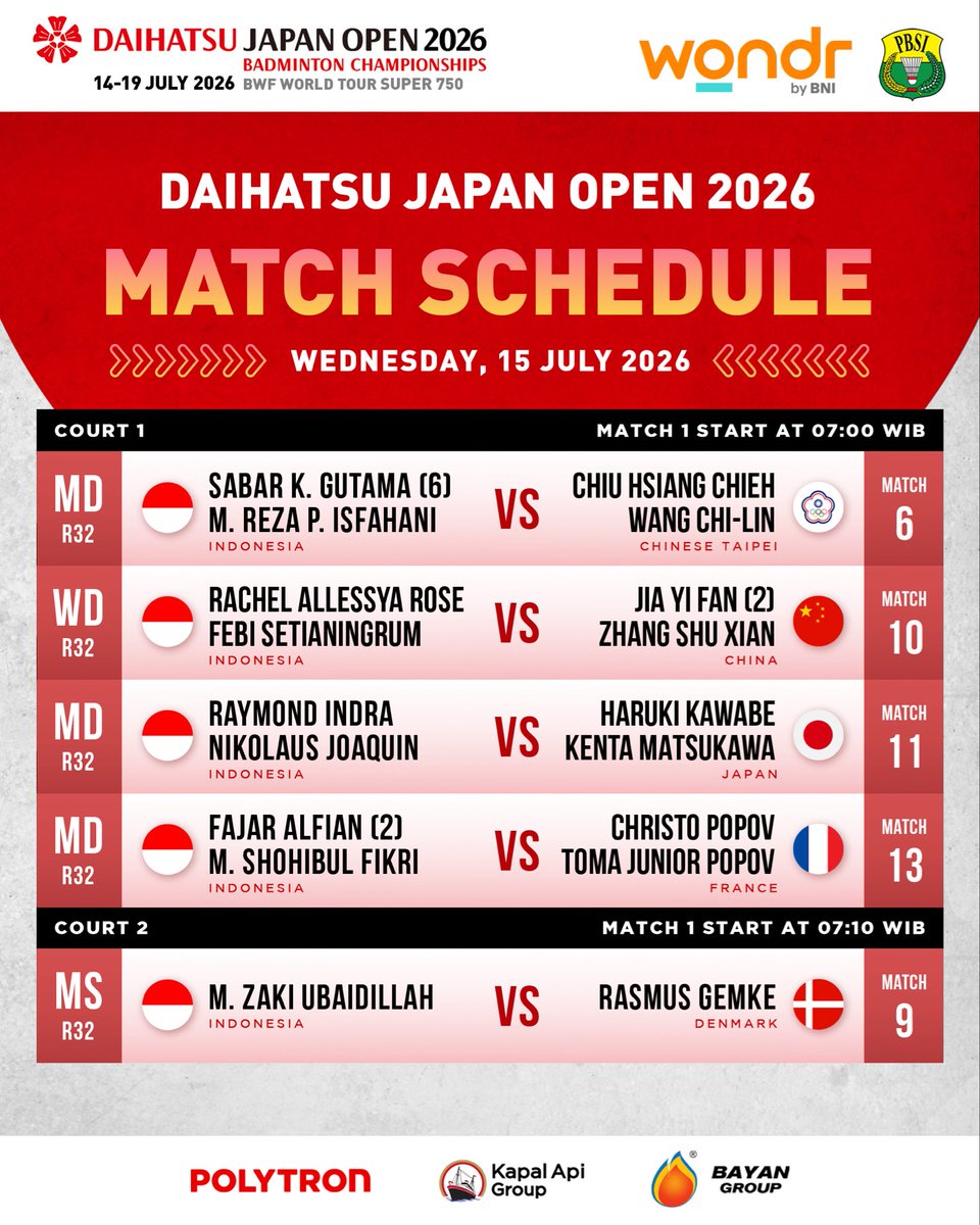 INABadminton's tweet photo. Delapan wakil Indonesia akan berlaga di hari kedua babak 32 besar Japan Open 2026.

Rabu, 15 Juli mulai pukul 07.00 WIB.

Berikut selengkapnya. Semangat!

#BadmintonIndonesia #JapanOpen2026 https://t.co/1yqceVZaTF