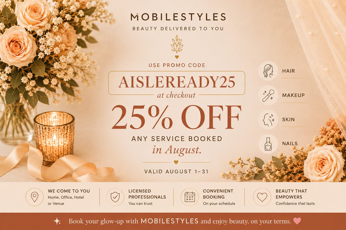 mobilestylesapp's tweet photo. πβ¨ Wedding season is calling! Save on your beauty glam with 25% OFF any service booked in August.
π·οΈ Use code: AISLEREADY25
π
Valid August 1β31
Beauty delivered to you, wherever you are. ππββοΈπ
#MOBILESTYLES #WeddingBeauty #BeautyOnDemand #BridalGlam #AugustSpecial https://t.co/HdIpV9cZfk