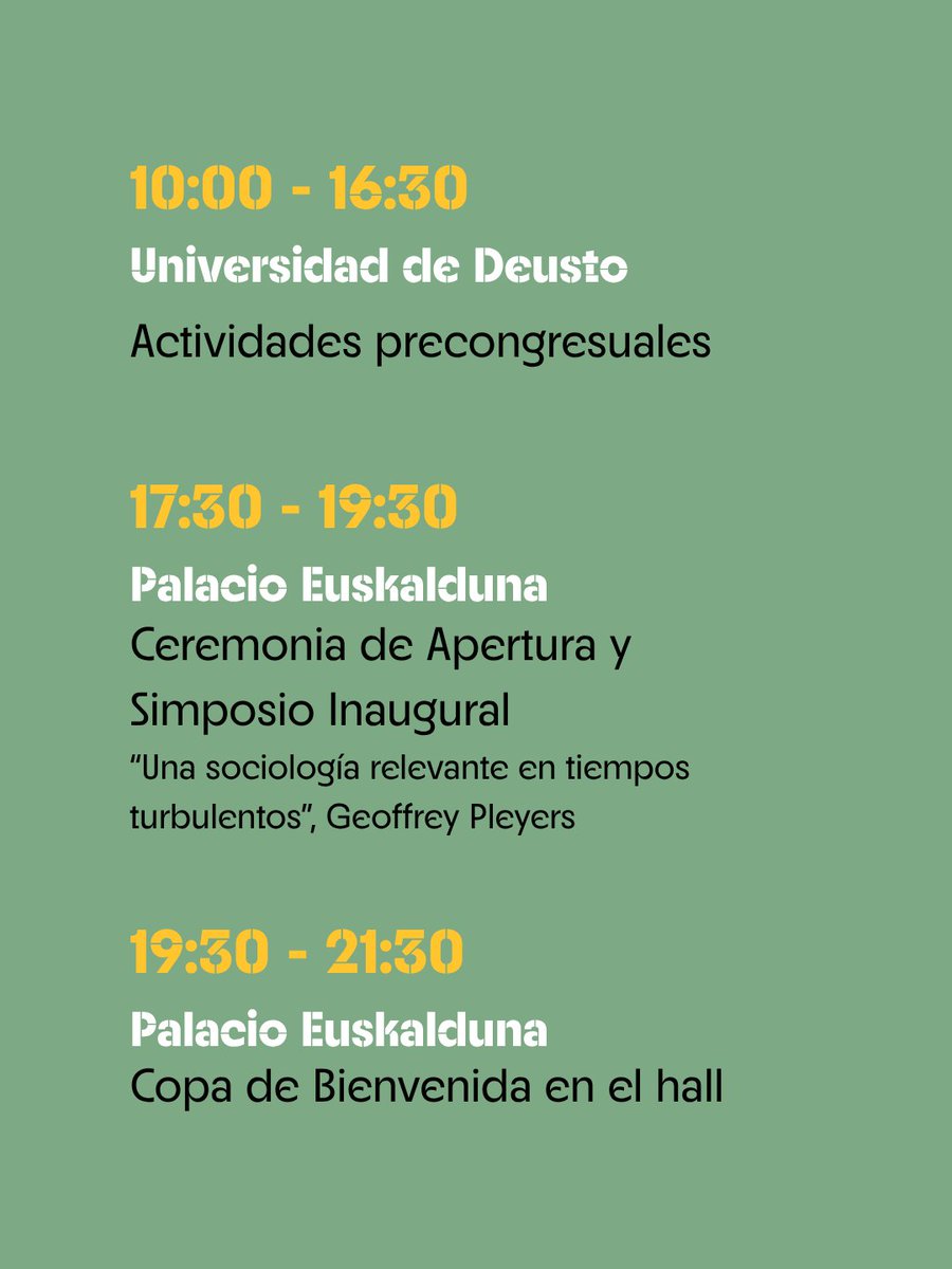 FES_Sociologia's tweet photo. Día 1 | ¡Arranca el #CongresoFES2026 en Bilbao! 
Lo que no te puedes perder hoy: 
🔹10:00-16:30 | Precongresuales (U. Deusto) 
🔹17:30-19:30 | Apertura y Simposio Inaugural con Geoffrey Pleyers 
🔹19:30-21:00 | Copa de Bienvenida (Palacio Euskalduna)
#CongresoFES2026 #Sociología https://t.co/agV5oS3phA
