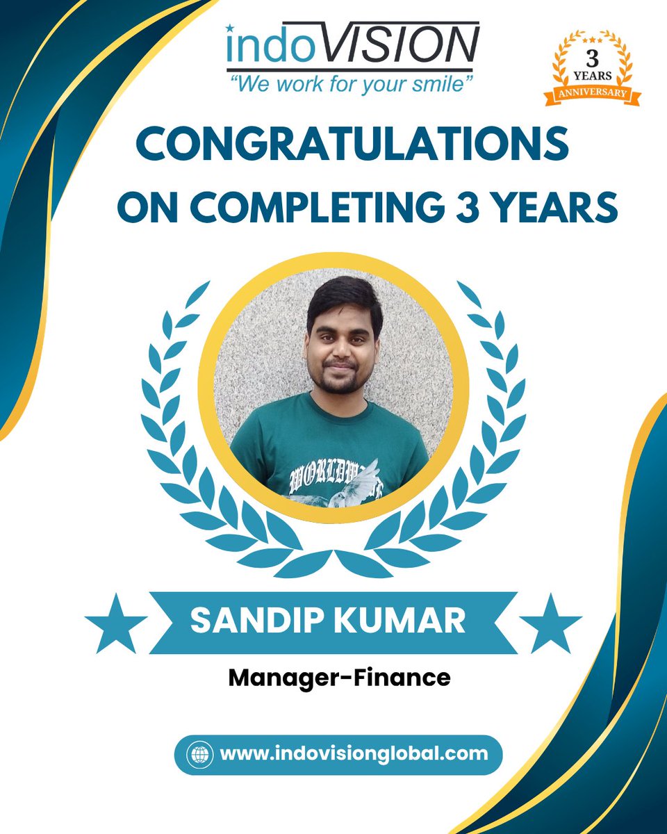 Indovision_S's tweet photo. 🎉Congratulations to Sandip Kumar on completing 3 successful years with Indovision Services!

Thank you for your dedication and valuable contributions as Manager-Finance. Wishing you continued growth and success ahead. 🌟
#WorkAnniversary #3Yearmilestone #EmployeeRecognition https://t.co/NQhwxme7qK
