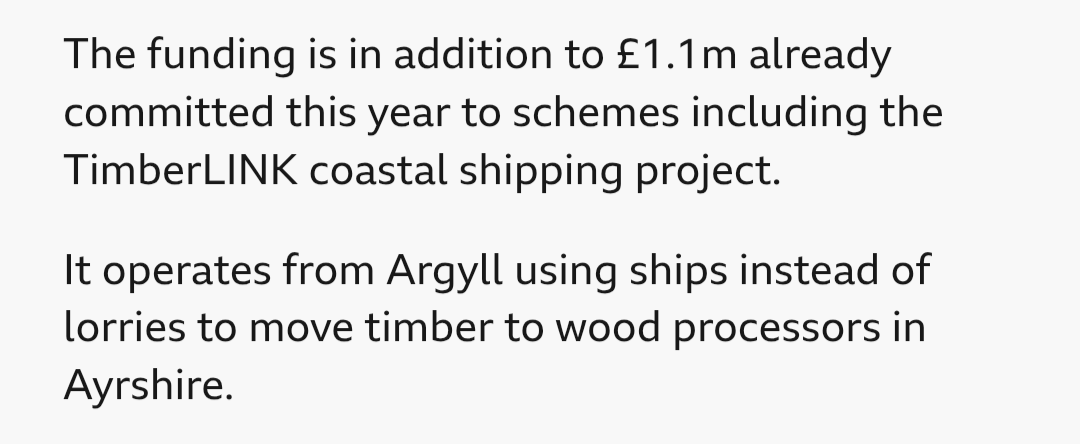 _JamieMcIntyre's tweet photo. Argyll has 30% forest cover, mostly conifer plantation. So this is a long term issue.

Harvested timber is heavy, bulky, largely water, &amp; low value. Why spend £900+k per yr to subsidise exporting it, when we could process it locally &amp; ship lighter, more valuable product instead? https://t.co/INNP4k2GaN