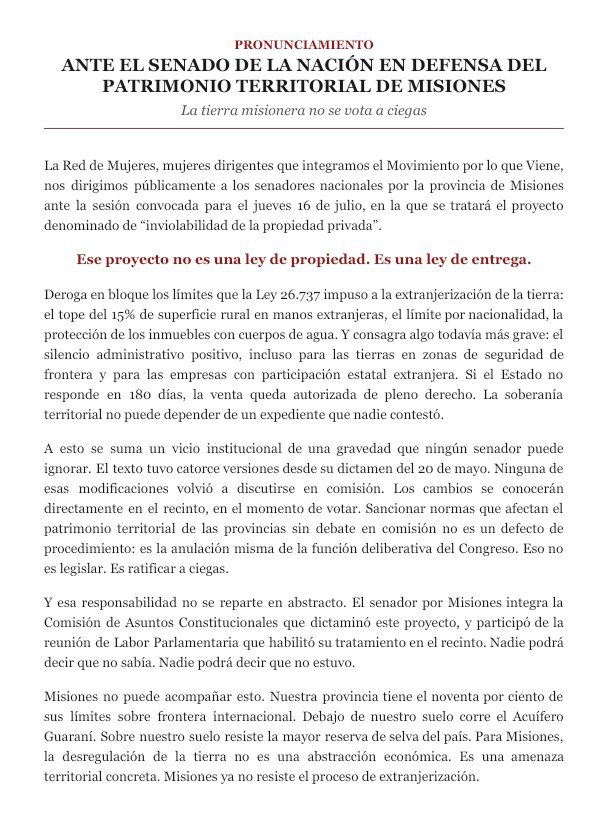 Republica99's tweet photo. La Red de Mujeres del Movimiento por lo que viene que integra entre otras Viviana Rovira marcó postura sobre la Ley de inviolabilidad de propiedad privada. https://t.co/F7eQngxk6g