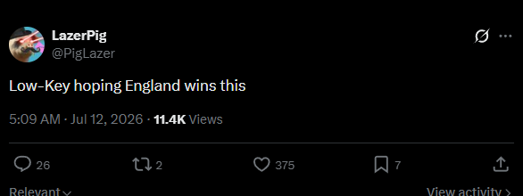 PigLazer's tweet photo. I feel I should clarify here.
If England loses to France in the finals it will be a national embarrassment (for them).
If they lose to Argy it will mean war. https://t.co/VMm0lginyy