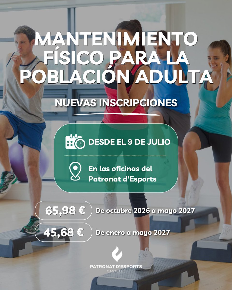 PatronatEsports's tweet photo. 📣 ¡Ya están abiertas las nuevas inscripciones para el Mantenimiento Físico 2026/27!

Si quieres incorporarte a las actividades o no renovaste tu plaza, ya puedes formalizar tu inscripción en las oficinas del Patronat d'Esports. 📍

ℹ️ https://t.co/ht3gJzR9dP

#CastellónEsDeporte https://t.co/GxWoXWCvjQ