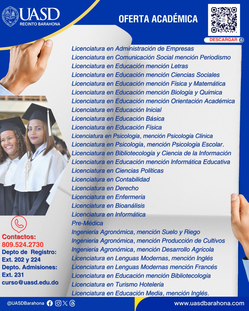 uasdbarahona's tweet photo. 🎓 ¿Ya sabes qué carrera estudiar?

La UASD Recinto Barahona te ofrece una amplia oferta académica en educación, salud, tecnología, derecho, administración, idiomas, turismo, agronomía y más.

📲 Escanea el QR y conoce todas las opciones.

📞 809-524-2730

#UASDBarahona https://t.co/lEykLC2FrD