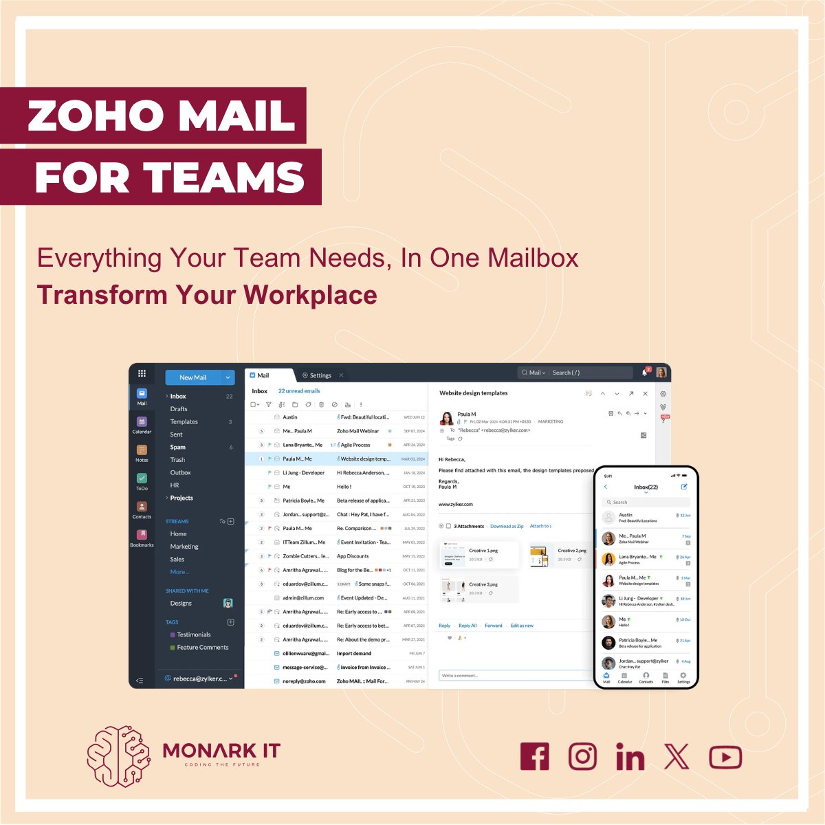 MONARK_IT_QA's tweet photo. 📧 Business communication deserves more than a basic inbox.
@ZohoMail  gives your business a secure, ad-free email platform with your own domain, built-in collaboration tools, calendars, tasks, and meetings, all in one place.

#ZOHOMail #BusinessEmail https://t.co/zf0aiyB9tk