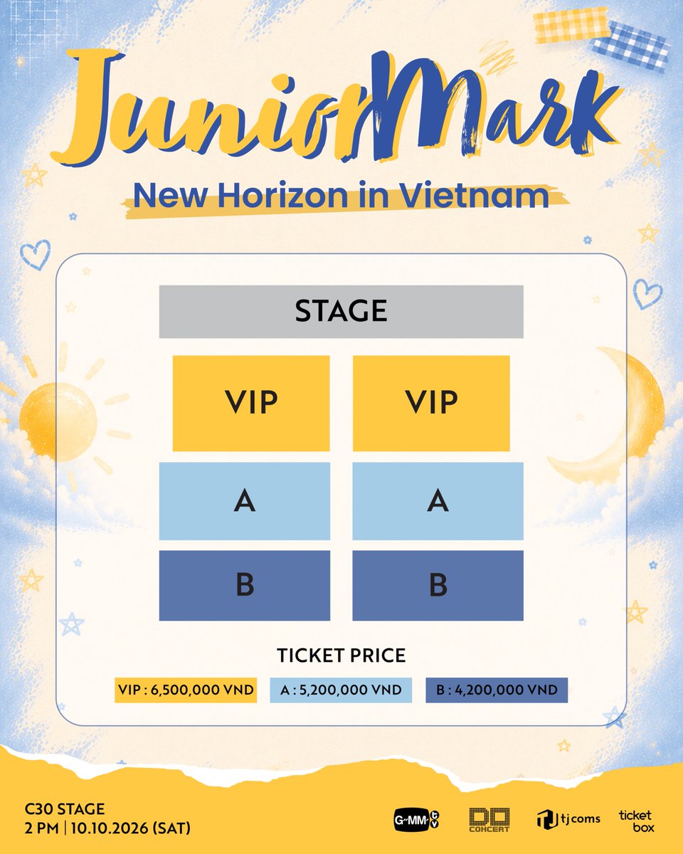 doconcert's tweet photo. Hành trình vẫn tiếp diễn, và một chân trời mới đang dần đến gần hơn ☀️🌙⭐
#JuniorMarkFMinVietnam

Đã đến lúc hé lộ tất cả những điều đang chờ đón bạn tại
Junior Mark: New Horizon in Vietnam
🗓 Ngày: 10/10/2026 (Thứ Bảy)
⏰ Thời gian: 14:00
📍 Địa điểm: Sân khấu C30
🎟️ Kênh bán vé: Ticketbox

Cùng khám phá sơ đồ chỗ ngồi và những quyền lợi độc quyền, sẵn sàng sở hữu tấm vé để đồng hành cùng Junior & Mark trong một ngày ngập tràn những khoảnh khắc đáng nhớ nhé 💛💙

🎫 Thời gian mở bán vé: 11:00, ngày 28/07/2026 (Thứ Ba)
✨ Thời gian mở bán Gói Top-Up: 11:00, ngày 31/07/2026 (Thứ Sáu)

Hãy chọn chỗ ngồi yêu thích, chúng ta cùng nhau tạo nên những kỷ niệm mới và chào đón một chân trời mới tại TP.Hồ Chí Minh

Hẹn gặp các bạn sớm nha!  

-- 

The journey continues, and a new horizon is getting closer. ☀️🌙⭐

It's time to reveal everything waiting for you at
Junior Mark: New Horizon in Vietnam

🗓 Date: 10 October 2026 (SAT)
⏰ Time: 2.00pm
📍Venue: C30 Stage
🎟 Ticketing Platform: Ticketbox

Check out the seat plan and exclusive fan benefits, then get ready to secure your seat for an unforgettable day with Junior & Mark. 💛💙

🎫 Ticket Sales:  28 July 2026 (TUE) at 11.00am
✨ Top-Up Package Sales:  31 July 2026 (FRI) at 11.00am

Choose your favorite seat, make new memories, and let's welcome a new horizon together in Ho Chi Minh City.

See you soon!

#JuniorMarkFMinVietnam
#JuniorMark #junniorrs #markjrtn
#GMMTV #TJCommunications #doconcert
