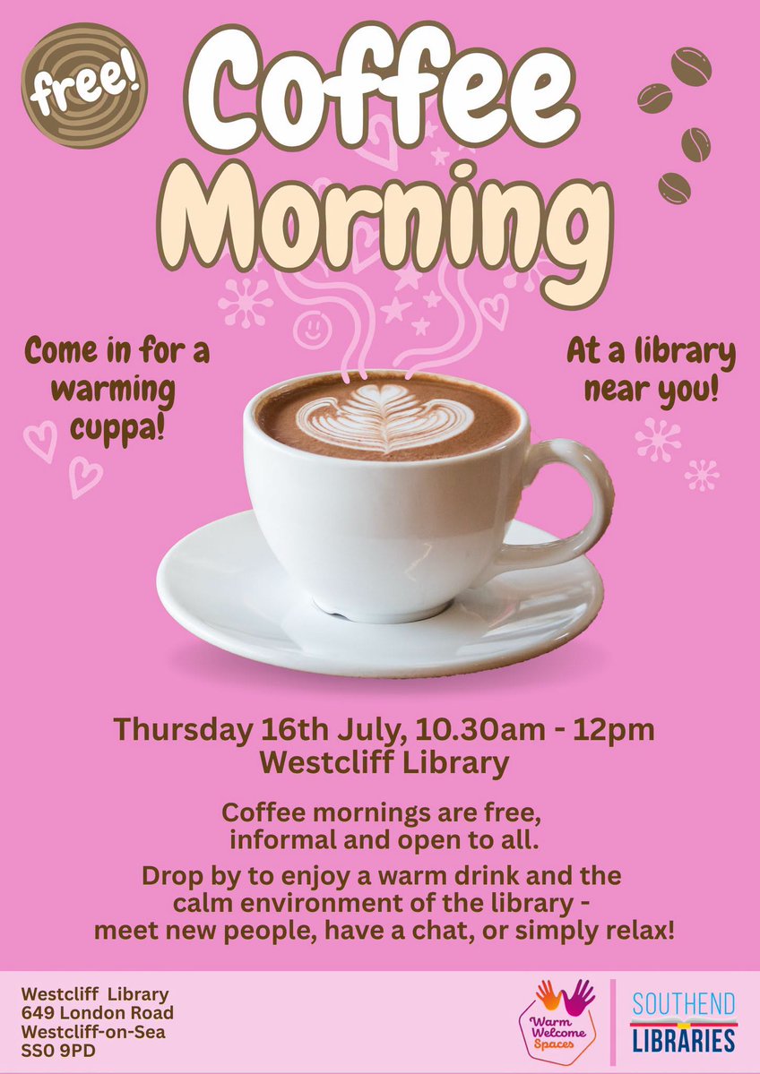 southendlibrary's tweet photo. Don't forget, if you're in the Westcliff area tomorrow - pop in to relax and refresh! 🫖
Our next FREE #CoffeeMorning, takes place from 10.30am - 12pm at Westcliff Library - all welcome. https://t.co/V3EdG3HSyo