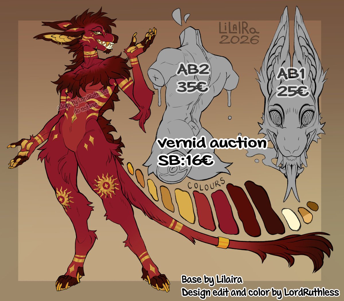 TheLordRuthless's tweet photo. Vernid Auction 

Current bid: SB 

SB: 16€
AB1: 25€
AB2: 35€ (includes a custom symmetrical headshot)

Payment: PayPal or Ko-fi only.

Base by: Lilaira.

Link to auction:  https://t.co/AwPnFgNTne

#adoptfurry #furryauction #furryadopt #furryadoptable #vernid https://t.co/lWKW5OX3aS