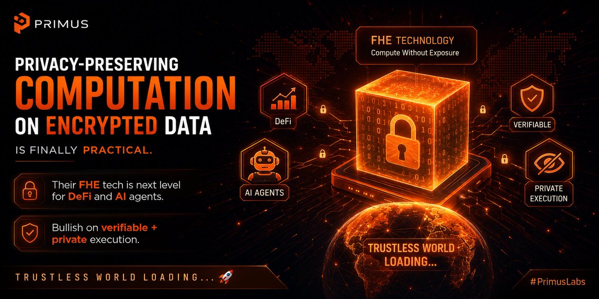 ShawonGglG's tweet photo. gm @primus_labs

Privacy-preserving computation on encrypted data is finally practical.

Their FHE tech is next level for DeFi and AI agents.
Bullish on verifiable + private execution.

Trustless world loading… 🚀

#PrimusLabs https://t.co/dO5n43mrsG