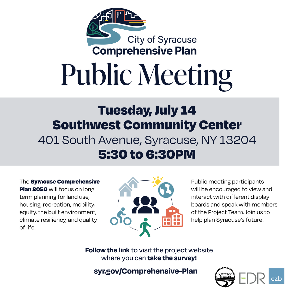 Syracuse1848's tweet photo. Tonight, join the Division of Planning and Sustainability for a in-person public meeting to gather community input on the Syracuse Comprehensive Plan 2050. For more information, visit https://t.co/jb9nteI885 https://t.co/fa1KMIAr88