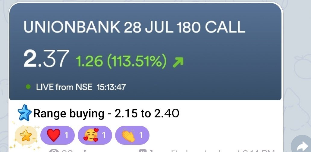 CrazeStockX's tweet photo. 🚀#UNIONBANK BTST Update! ( Elite Community)

Our UNION BTST trade was taken yesterday before the market closed.

➡️ Entry Zone: ₹2.15
➡️ Today's High: ₹3.10
💰 Already sitting on ₹4,000+ profit.

🔥 Q1 results are scheduled for tomorrow, and we're already holding a healthy profit before the announcement.

Let's see what tomorrow brings! 🍾

#nifty #Niftyoption #Nifty50 #Stockmarket