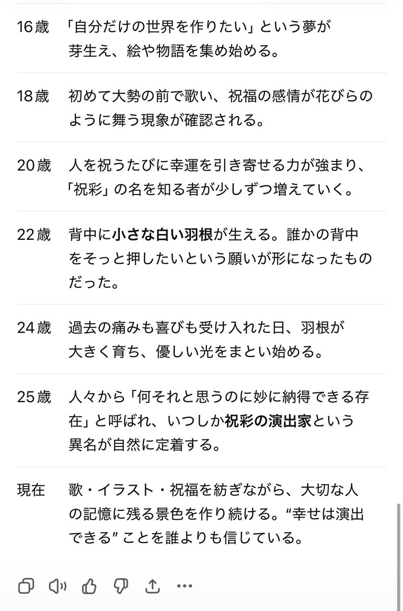 umamiTK2's tweet photo. ③ 
じゃあ、これまでの会話を元に今に至るまでの私の生い立ちを書き出して。
この容姿（猫耳や角や羽根などが付いていれば、それが発現した理由）になった時期も入れて。
年表みたいにして。
13行くらいがいい。 https://t.co/pNnLhEGW4s