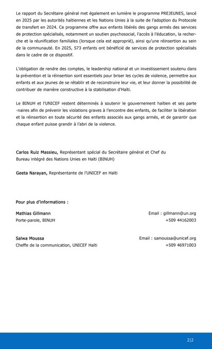 lequotidien509's tweet photo. 🇭🇹 Déclaration conjointe du #BINUH et de #UNICEFHaïti sur le rapport annuel 2025 du Secrétaire général concernant les enfants et les conflits armés : la protection des mineurs reste une priorité face aux violences persistantes. #ONU #DroitsEnfant #Haïti #lequotidien509 https://t.co/TOPrRHTaIZ