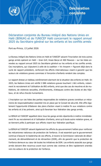 lequotidien509's tweet photo. 🇭🇹 Déclaration conjointe du #BINUH et de #UNICEFHaïti sur le rapport annuel 2025 du Secrétaire général concernant les enfants et les conflits armés : la protection des mineurs reste une priorité face aux violences persistantes. #ONU #DroitsEnfant #Haïti #lequotidien509 https://t.co/TOPrRHTaIZ