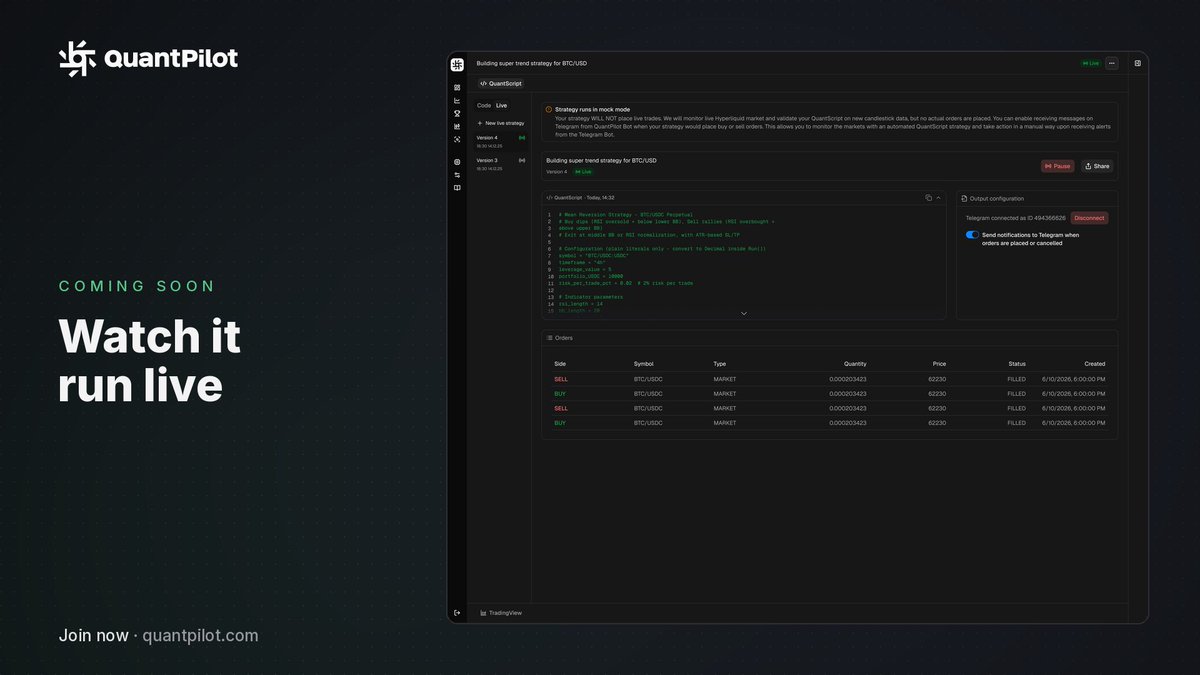 quantpilotapp's tweet photo. Watching the chart for your entry is a full-time job. Soon it won't be.

QuantPilot is adding live Telegram alerts: set a strategy live and the moment your conditions hit, you get a message. QuantPilot watches, you decide what to do next.  

Coming soon 👉 https://t.co/HKctdW9mKY https://t.co/zmxSYPRQ7Y