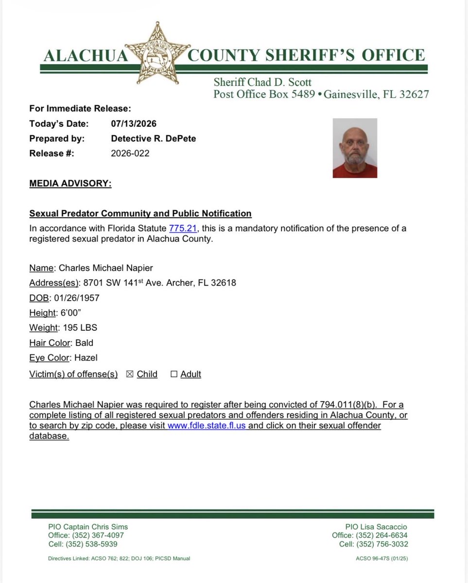AlachuaSheriff's tweet photo. Please see the sexual predator notification in Alachua County for registered sexual predator Charles Napier. For a complete listing of all registered sexual predators and offenders residing in Alachua County visit https://t.co/aultnaoLNk https://t.co/hGDQ7G38pE