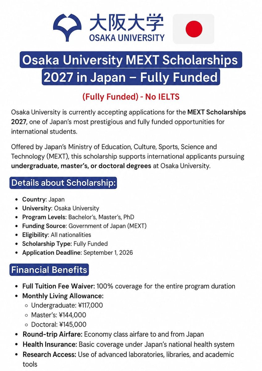 ferdih001's tweet photo. 🇯🇵 Osaka University MEXT Scholarship 2027 | Fully Funded
Study in Japan for FREE! 🇯🇵
🎓 Bachelor's, Master's & PhD 💰 Monthly stipend ✈️ Airfare 📚 Full tuition ❌ No IELTS (for many applicants) 🌍 Open to all nationalities
📝 Apply Now: https://t.co/VoFdamvb2b
#StudyInJapan https://t.co/rjHj8NyeAz