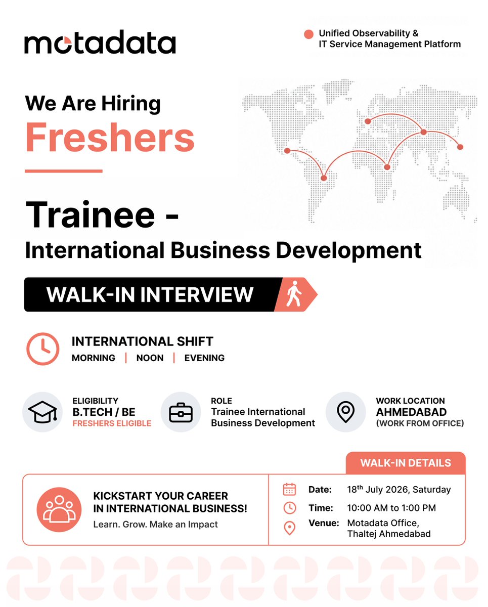 MotadataSystems's tweet photo. ๐ Walk-In Drive: Trainee โ International Business Development @ Motadata
๐ B. Tech/B.E Freshers
๐
18 Jul | โฐ 10 AMโ1 PM
๐ Ahmedabad
๐ผ Internship + Full-Time Opportunity
๐ https://t.co/v4nGNKYw9Z
#Hiring #Freshers #Ahmedabad #Motadata https://t.co/edQEudRbHY