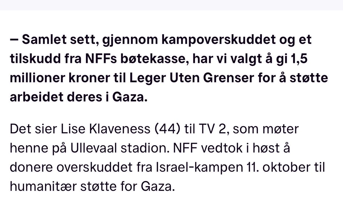 narugamiii's tweet photo. @IkramwithK @BuzzingPop It isn’t. Head of Norwegian fotball association confirmed they donated 1.5M kr to a health organisation that was giving humanitarian aid in Gaza. https://t.co/BJ8DPwzBdN