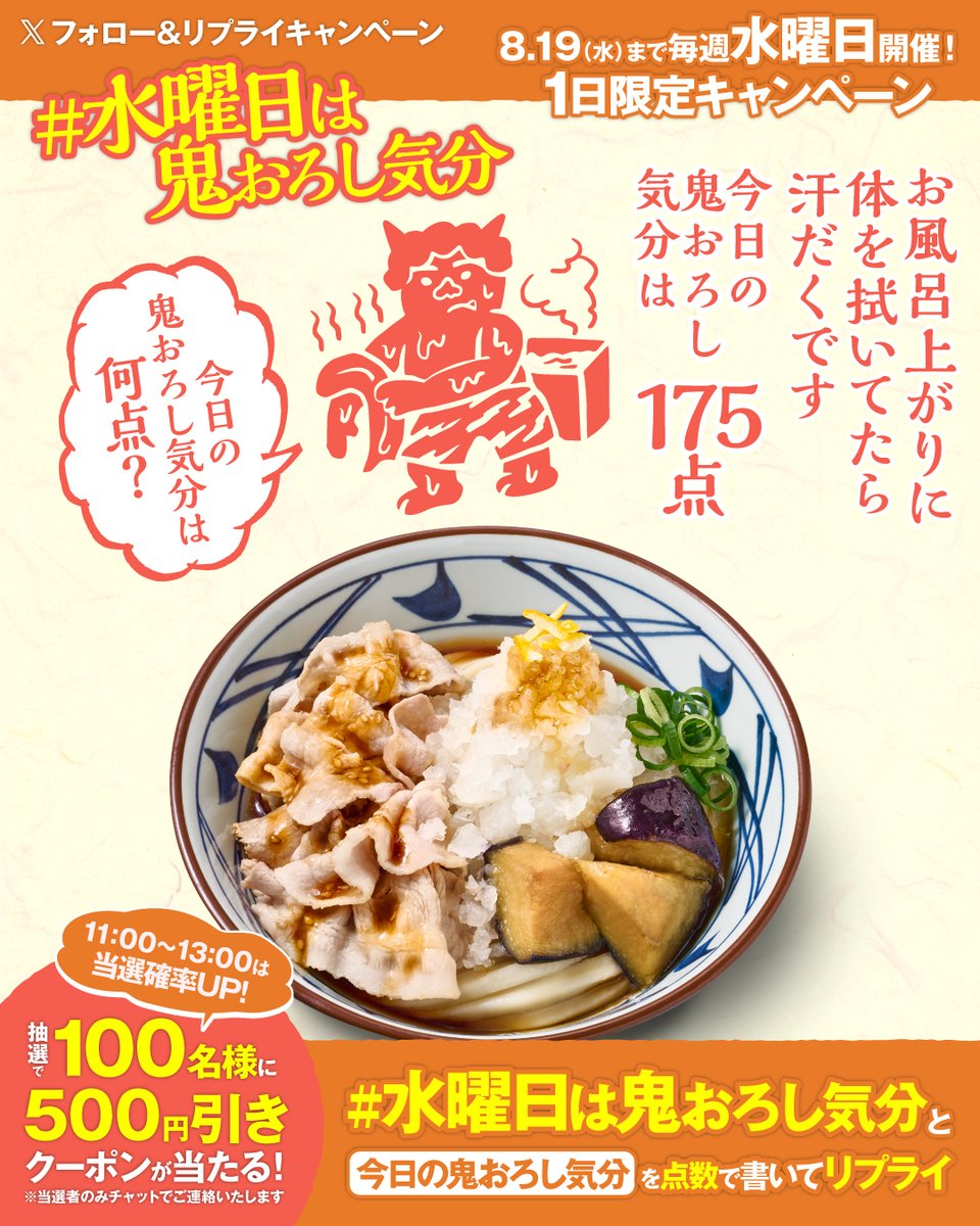 UdonMarugame's tweet photo. ／
水曜限定企画🎊
水曜日は鬼おろし気分👹🎐
＼

今日のあなたの鬼おろし気分は何点？🥢
食べたい気持ちを点数で教えて🙌

鬼おろし豚しゃぶぶっかけに使える【5️⃣0️⃣0️⃣円引きクーポン】を1️⃣0️⃣0️⃣名様に🎁
参加方法はスレッドをご確認ください👇 https://t.co/slpfNfB7bG