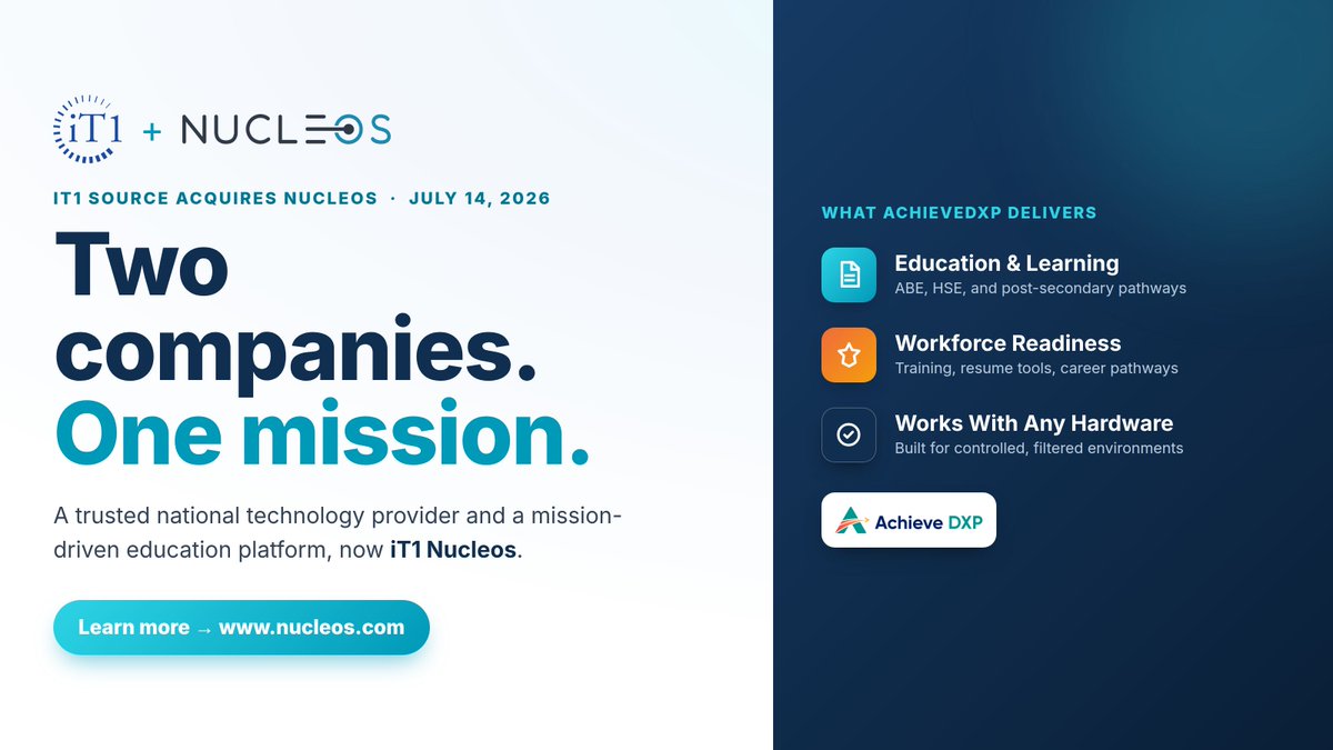 Nucleos_Inc's tweet photo. Two companies. One mission.
@iT1Solutions has acquired Nucleos. We're now iT1 Nucleos. 🤝
Uniting a trusted national tech provider with AchieveDXP: education, workforce readiness, and a real path to employment.
https://t.co/fT4A8ORXa7 https://t.co/qi3K3prZL3