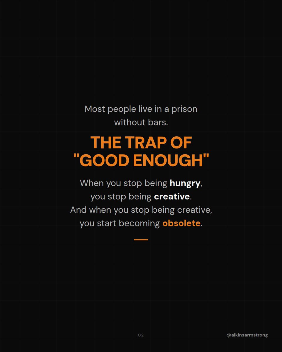 theaikins's tweet photo. Comfort is the most expensive prison.
And most people don't even realize they're locked inside
It's paid when you realize you stayed the same while the world moved on.
#Leadership #GrowthMindset #PersonalDevelopment #CareerGrowth #Discipline #ComfortZone #Systems #AikinsArmstrong https://t.co/bEKtz9Tfop