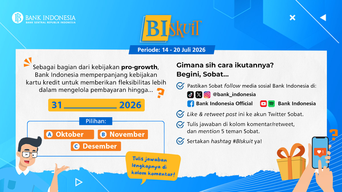 bank_indonesia's tweet photo. Kuis buat #SobatRupiah yang update informasi!
Sebagai bagian dari kebijakan pro-growth, Bank Indonesia memperpanjang kebijakan kartu kredit untuk memberikan fleksibilitas lebih dalam mengelola pembayaran.

Nah, sekarang giliran kamu menjawab!

❓ Sampai kapan kebijakan tersebut diperpanjang?
💬 Tulis jawabanmu di kolom komentar.

Petunjuk:
✔️ Minimum pembayaran tetap 5% dari total tagihan.
✔️ Denda keterlambatan tetap maksimal 1% dari total tagihan (maksimal Rp100.000).

Semoga beruntung, Sobat!