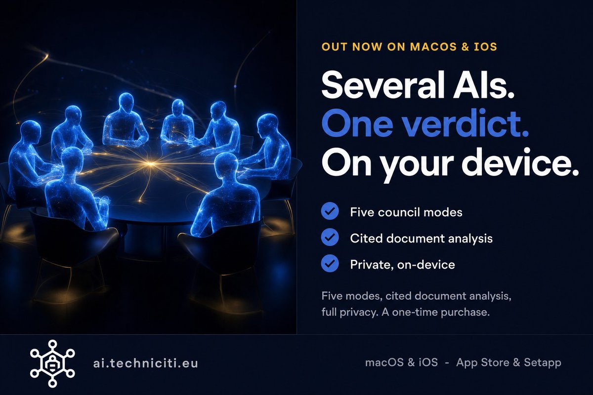 benfrancis's tweet photo. AI Council, in one tweet:

Several AIs answer, peer-review each other anonymously, and hand back one answer with a confidence score. Five modes, cited document analysis, all on your device.

On the App Store and Setapp, for macOS and iOS. https://t.co/Tm3C78HXSQ