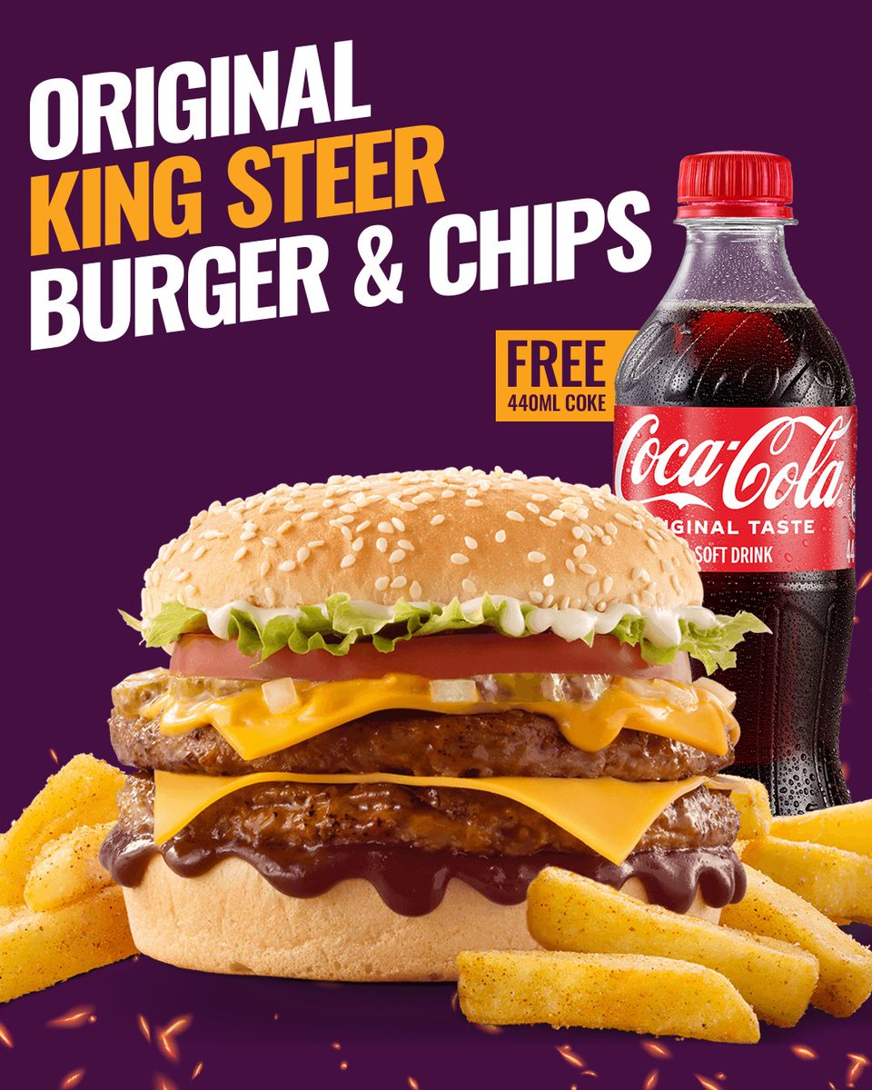 SteersSA's tweet photo. You deserve the royal treatment, and for just R114.90, we’ve got everything you need with our Original King Steer, Chips &amp; Free Coke. https://t.co/w8uEb6przE