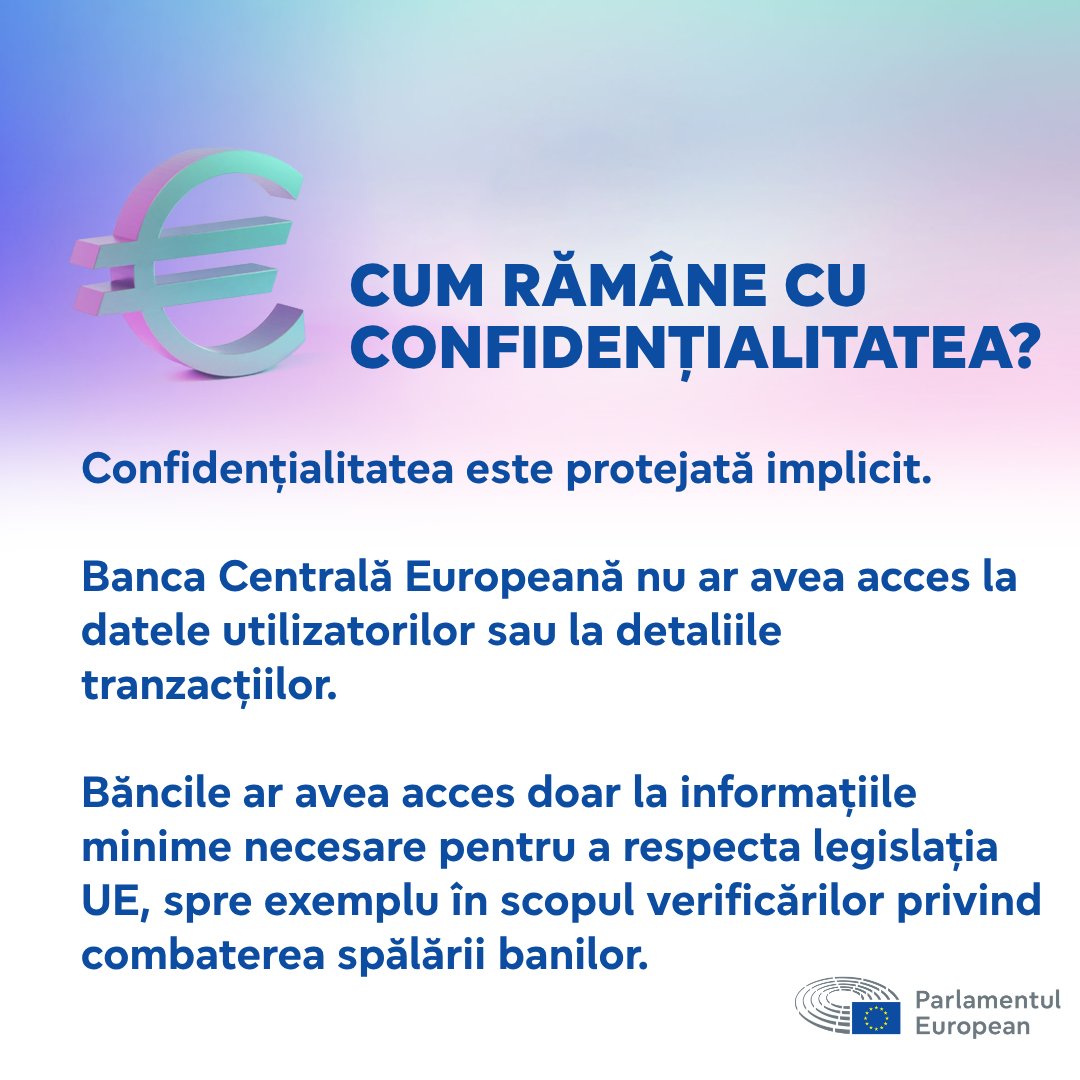 Europarl_RO's tweet photo. Moneda euro digitală ar fi un mijloc de plată electronic emis de @ecb.

Acesta ar completa, fără a înlocui, numerarul și soluțiile private de plată existente.

PE este acum pregătit să înceapă negocierile privind legislația, pentru ca euro digital să fie disponibil în 2029. https://t.co/hUabPcCHs4