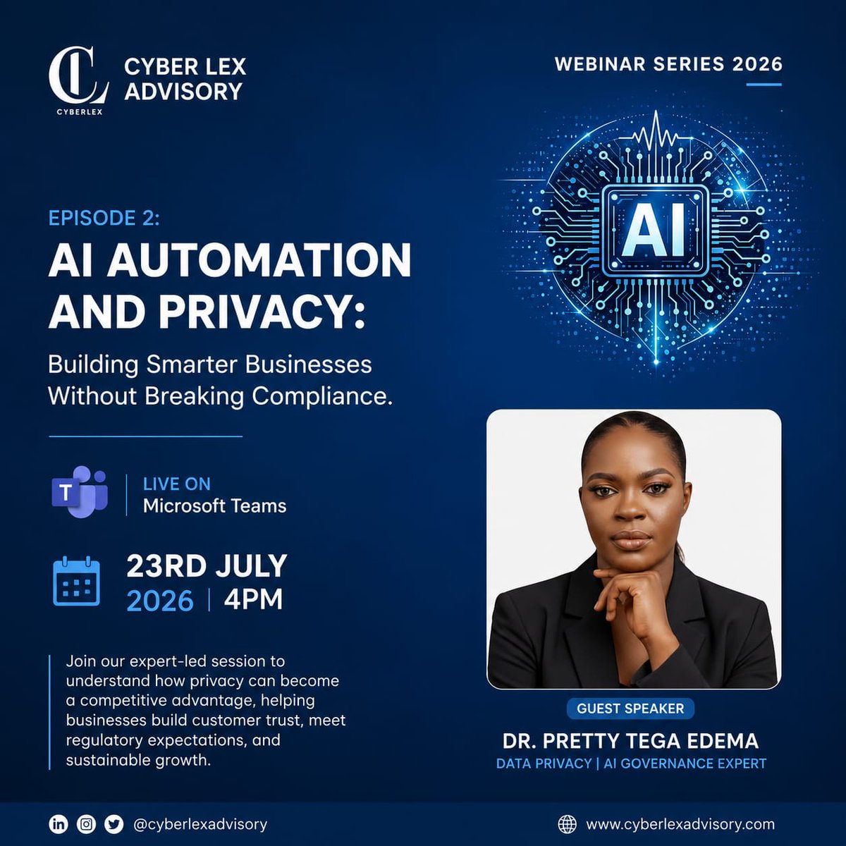 LegalTechVoice's tweet photo. We're back! 🚀 with the another edition of CyberLex Advisory Webinar Series. 

On 23 July, we're excited to bring you Episode 2!

Topic: AI Automation &amp; Privacy: Building Smarter Businesses Without Breaking Compliance. https://t.co/Y38HG7Wzty