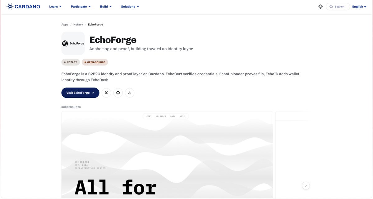 EchoForgeEF's tweet photo. Today marks an important milestone for EchoForge.

EchoForge has now been listed on:

• @Cardano_CF DApps
• @CardanoCube 
• @lace_io 
This isn’t the finish line—it is another step forward.

#Cardano #ADA #Web3 #Identity #BuildInPublic #EchoForge https://t.co/VP1b4LsSL6