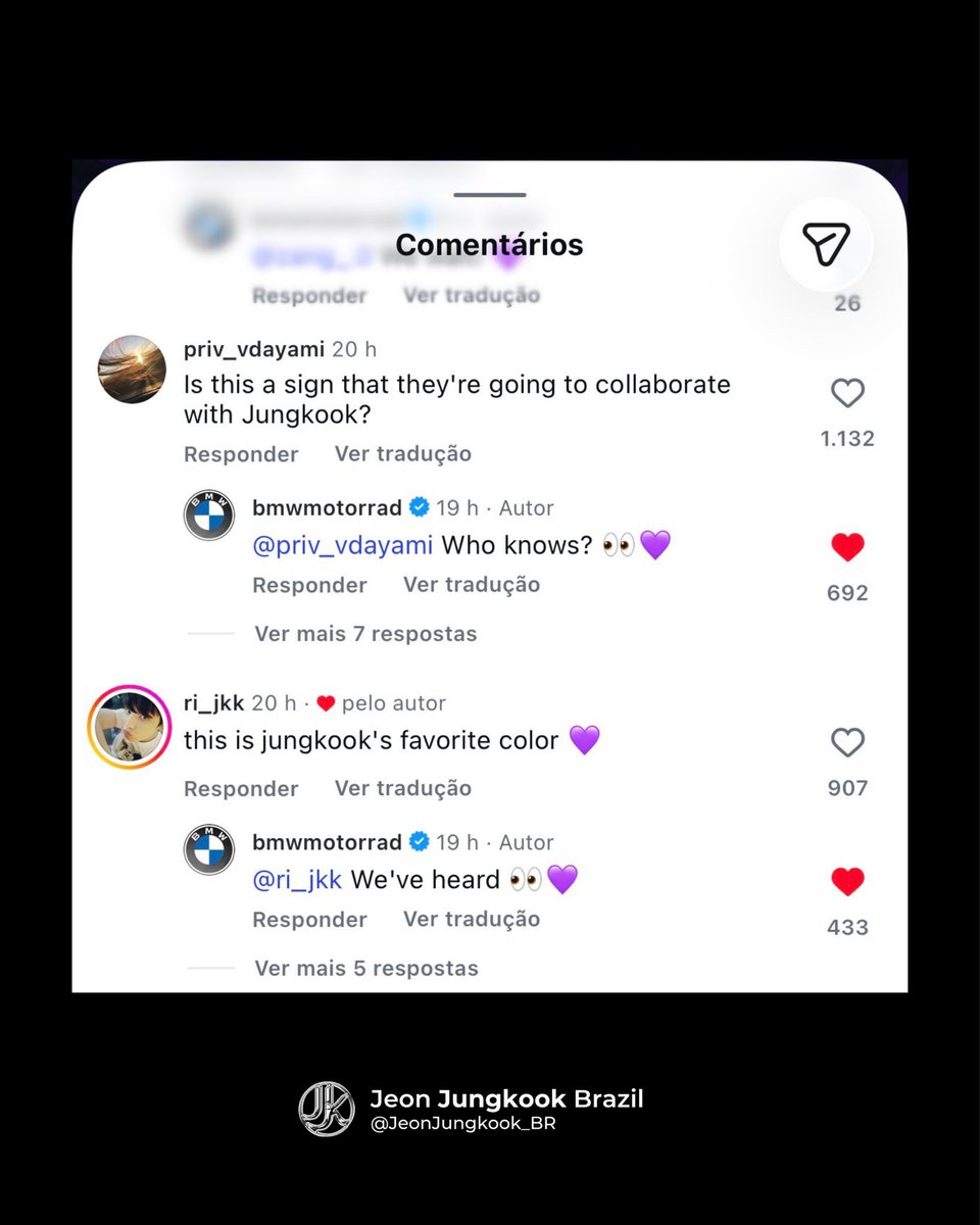 JeonJungkook_BR's tweet photo. A BMW Motorrad respondeu a alguns comentários que mencionavam Jungkook em uma publicação recente mostrando uma moto roxa em Munique. Entre eles:

↳ Isso é um sinal de que eles vão colaborar com o Jungkook?
   ↳ BMW: Quem sabe? 👀💜

👀👀 https://t.co/sNP19U1r0o