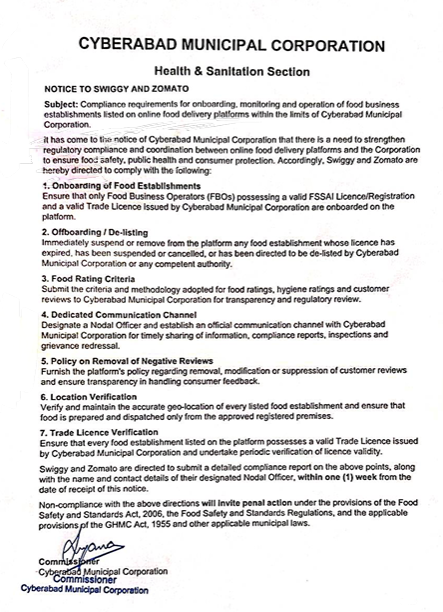 CMC_Offcl's tweet photo. Strengthening Food Safety Across Cyberabad !!

Cyberabad Municipal Corporation has issued directions to Swiggy and Zomato to strengthen compliance and coordination for food businesses operating through online delivery platforms.

📌 Key directions include:
• Onboarding only food establishments with valid FSSAI and Trade Licenses
• Delisting establishments whose licenses have expired, been suspended, or cancelled
• Sharing food safety ratings and inspection-related information with CMC
• Dedicated coordination for inspections and grievance redressal
• Verification of the actual location of listed food establishments
• Ensuring food is prepared and dispatched only from approved premises
• No removal or suppression of genuine customer reviews relating to food safety or hygiene

The initiative aims to improve food safety compliance, platform accountability, and consumer protection across Cyberabad.

Safer Food. Better Compliance. Informed Consumers.

#FoodSafety #ConsumerSafety #TeamCMC #Cyberabad

@jayesh_ranjan @TelanganaCS @TelanganaCMO @IPRTelangana @MC_Cyberabad @ZC_SLP @ZC_Kukatpally1 @zcquthbullapur @GummallaSrijana @zomato @Swiggy