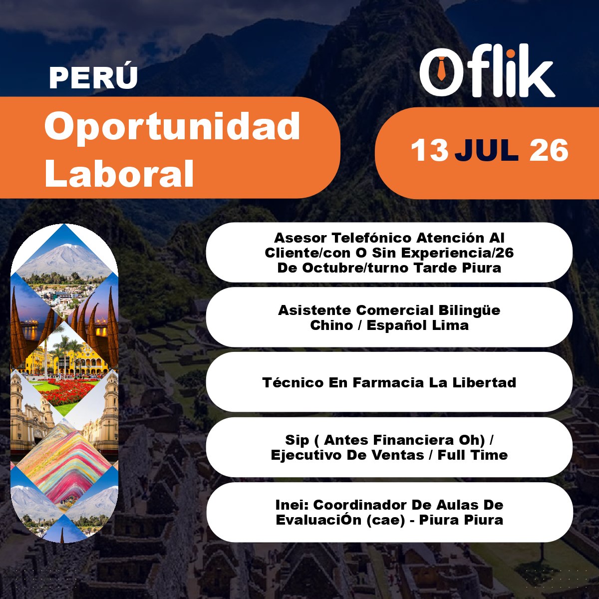 OflikSocial's tweet photo. PERÚ
#Perú | Empleos del día

✅ https://t.co/lzfPf2aEwM
✅ https://t.co/GUlm1Dl4kL
✅ https://t.co/ZUxMlUHh10
✅ https://t.co/ahaAbcUwdx
✅ https://t.co/J4sA3wjkTJ

#EmpleoDelDia #CarreraProfesional #Oflik #ConvocatoriaLaboral #Oportunidad #Trabajo #Reclutamiento https://t.co/g8YfvFeu3X