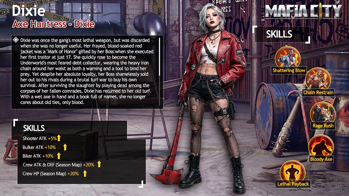 MafiaCity's tweet photo. Betrayed once. Merciless forever. 🩸
🪓Meet the new Vigilante Axe Huntress – Dixie. Feared for her relentless fury and unstoppable resolve, she leaves nothing behind but broken loyalties and fallen enemies. 

🔥Recruit Dixie and let vengeance carve the path to victory.
#MafiaCity https://t.co/NZcKVjL7Ru