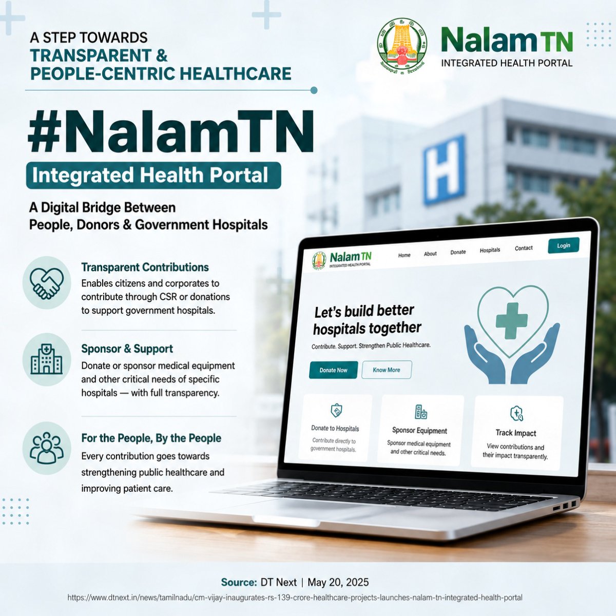 sudan_kiri's tweet photo. The #NalamTN portal is a welcome digital initiative.
It lets citizens and corporates transparently contribute to government hospitals by sponsoring medical equipment or donating directly to specific hospitals.
If implemented well, this could improve both transparency and public participation in strengthening Tamil Nadu's healthcare system.
@CMOTamilnadu @arunraajkg @HM_TamilNadu