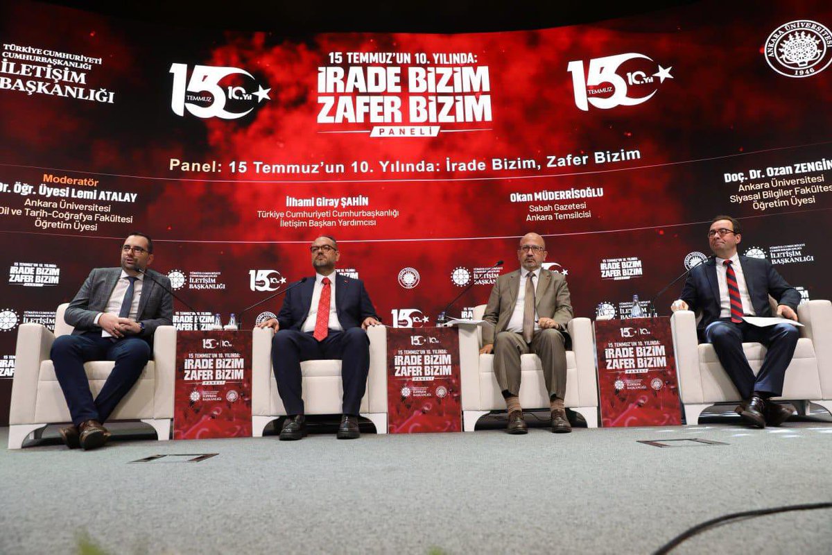 igiraysahin's tweet photo. Milli irademizin doğrudan hedef alındığı ve Sayın Cumhurbaşkanımızın liderliğinde milletimizin kahramanca direnişiyle bertaraf edilen hain darbe teşebbüsü olan 15 Temmuz’un 10. Yılında , 27. Meclis Başkanı Sayın İsmail Kahraman’ın ve Ankara Üniversitesi Rektörü Prof. Dr. Sayın Necdet Ünüvar’ın açış konuşmaları ile “15 Temmuz'un 10. Yılında: İrade Bizim, Zafer Bizim” başlıklı panelimizi gerçekleştirdik. 

Darbelerin kültür ve toplumsal yapı üzerindeki etkileri değerlendirilirken hafızalarda bıraktığı izleri değerli katılımcılarımız Sabah Gazetesi Ankara Temsilcisi Okan Müderrisoğlu, Ankara Üniversitesi Siyasal Bilgiler Fakültesi Öğretim Üyesi Doç. Dr. Ozan Zengin ile Ankara Üniversitesi Dil ve Tarih-Coğrafya Fakültesi Öğr. Üyesi Dr. Lemi Atalay moderatörlüğünde ele aldık. 

15 Temmuz'u unutmamak, unutturmamak ve o gece yazılan demokrasi destanını gelecek nesillere aktarmak, hepimizin ortak sorumluluğudur. 
Cumhurbaşkanlığı İletişim Başkanlığı olarak, 15 Temmuz hafızasını diri tutmayı, gelecek nesillere doğru aktarmayı en öncelikli görevlerimizden biri sayarak İletişim Başkanımız Prof. Dr. Sayın Burhanettin Duran’ın öncülüğünde 15 Temmuz ruhunu yansıtan miras niteliğinde kitaplarımızı kamuoyu ile buluşturduk, unutturmamaya devam edeceğiz.