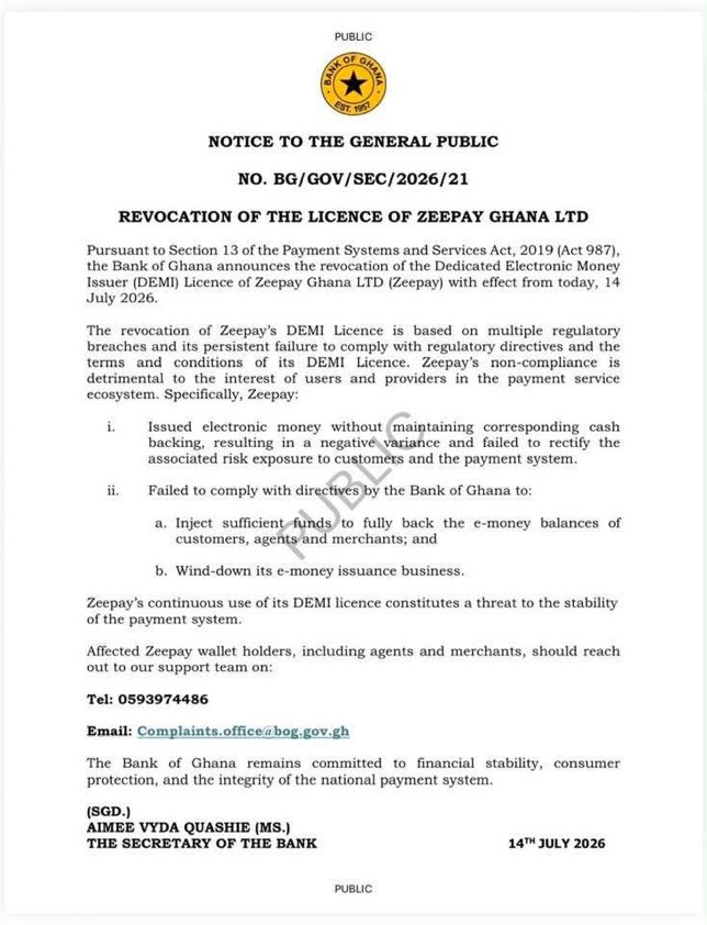 MacJordaN's tweet photo. BREAKING 🇬🇭‼️⚠️: One of Ghana’s biggest fintechs just lost its licence.

Bank of Ghana has revoked @ZeepayGH Ghana Ltd’s electronic money licence, citing multiple regulatory breaches and risks to customers and the country’s payment system.

This could become one of the biggest stories in Ghana’s fintech history. 

#Fintech #Ghana #BankOfGhana