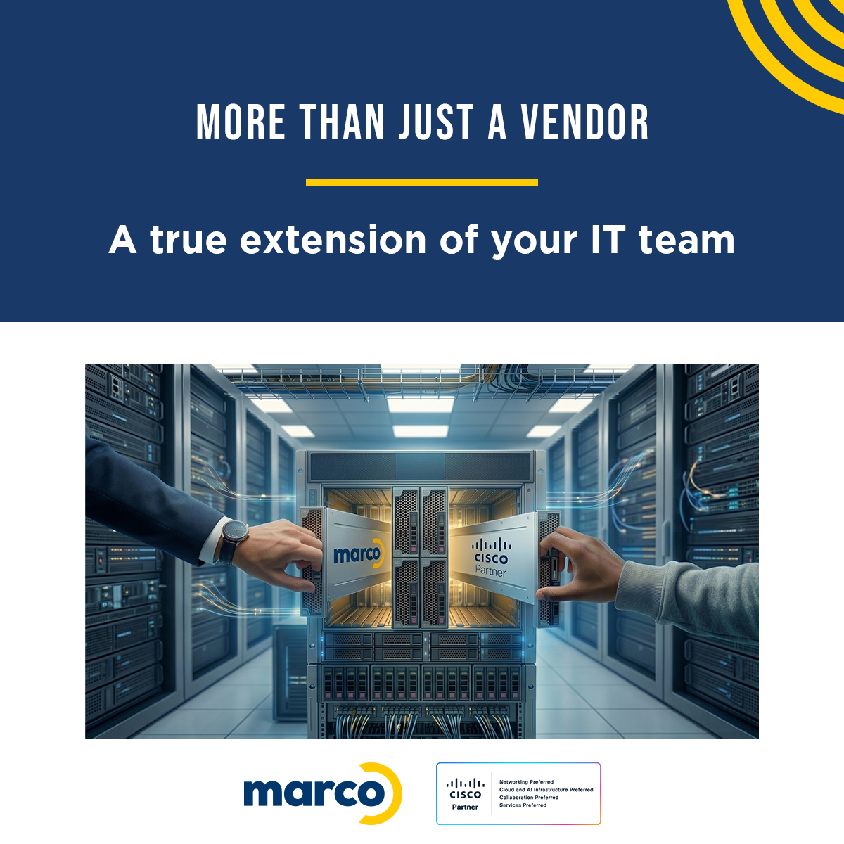 MarcoTechnology's tweet photo. A #CiscoEA is more than a contract — it's about the people and the expertise behind it.
With our deep #Cisco expertise and hands-on #lifecyclemanagement, we ensure you manage intelligently from deployment through renewal.
Learn more:
https://t.co/z7jDJa4dRI
#CiscoPartner https://t.co/C4SxnzUabx