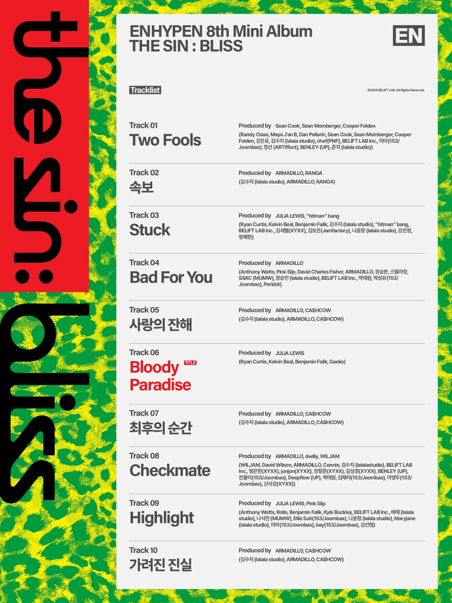 byeol_ice's tweet photo. THE SIN : BLISS 트랙리스트 정리📝 

< 총 10트랙 >
1. Two Fools — Sean Cook
2. 속보 — ARMADILLO, RANGA
3. Stuck — JULiA LEWiS, "hitman" bang
4. Bad For You — ARMADILLO
5. 사랑의 잔해 — ARMADILLO, CA$HCOW
6. Bloody Paradise (Title) — JULiA LEWiS
7. 최후의 순간 — ARMADILLO, CA$HCOW
8. Checkmate — ARMADILLO, dwilly, WILJAM
9. Highlight — JULiA LEWiS, Pink Slip
10. 가려진 진실 — ARMADILLO, CA$HCOW

✅️ JULiA LEWiS: 타이틀곡 포함 3곡 참여
✅️ ARMADILLO: 6곡 프로듀싱