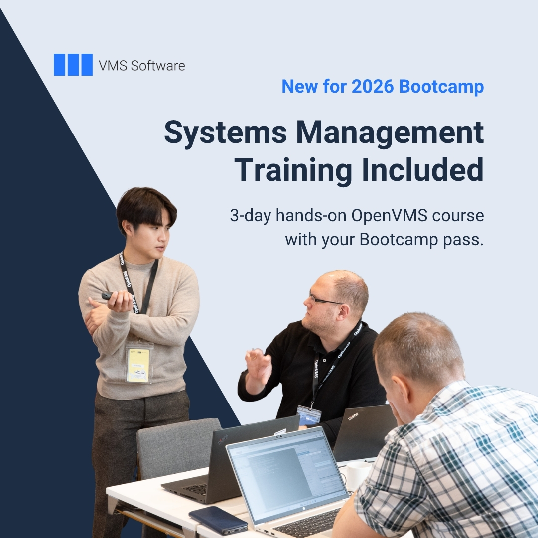 VMSSoftware's tweet photo. You can now add focused #OpenVMS systems management training to your #Bootcamp2026 experience at no extra cost. A practical way to help newer team members build skills and introduce them to the community.
Read more: https://t.co/jjMuXntOvt https://t.co/EM42vBdH22