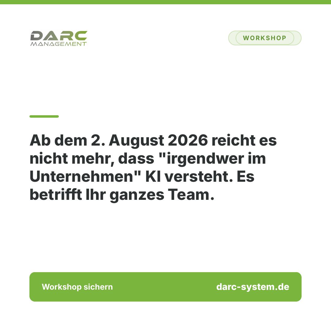 darcmgt's tweet photo. Die KI-Kompetenzpflicht aus dem EU AI Act gilt schon heute, ab 2. August wird kontrolliert. Für alle, die KI nutzen, nicht nur die IT. Online-Workshop jeden Mittwoch 9-13 Uhr, 799 Euro netto pro Teilnehmer, Bescheinigung inklusive: https://t.co/OipezZRZhN #EUAIAct #Mittelstand https://t.co/19qWAI6QAG