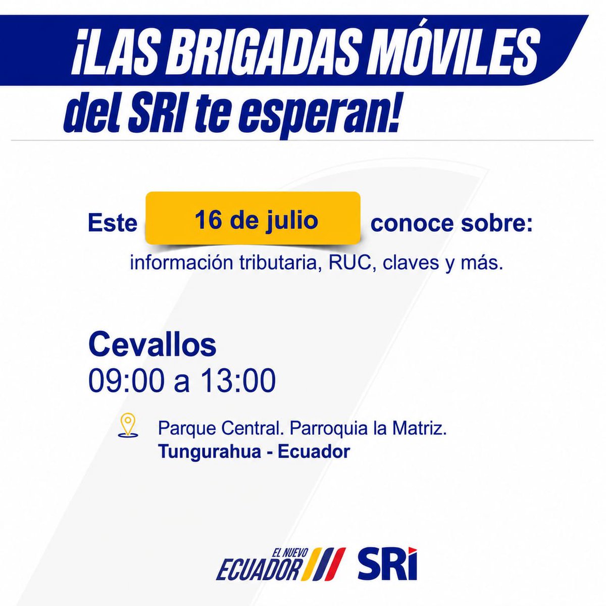 VeronicaDavilaV's tweet photo. ¡Nuestra #BrigadaMóvilSRI está cerca de ti!

Si necesitas asesoría sobre impuestos, facturación o quieres obtener tu RUC, acércate a nuestro punto de atención más cercano.

En el cantón #Cevallos. 

¡Te esperamos! https://t.co/Ved9WJAs7v