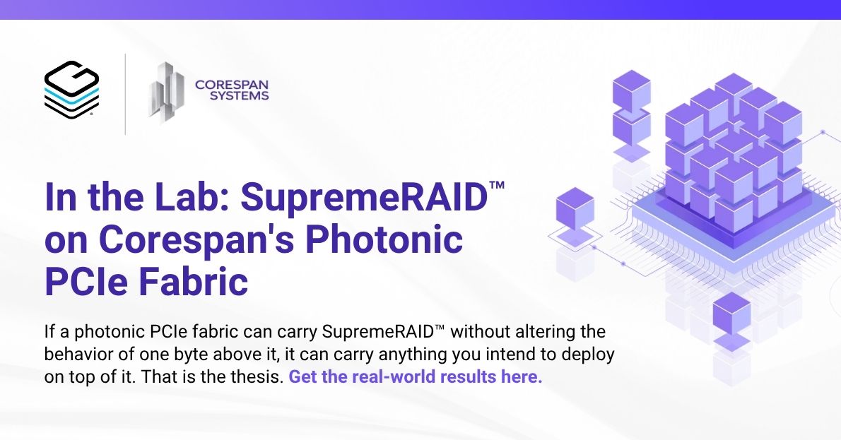 GraidTechnology's tweet photo. Corespan ran SupremeRAID over photonic PCIe — 43 GB/s reads, sub-120 µs p99.99 tail latency, zero PCIe errors. Every number can be reproduced from raw FIO JSON with a single command. Read the full report: 
https://t.co/wCXAttODDN  @CorespanSystems  #RAID6 #GPURAID #PhotonicPCIe https://t.co/QMRFiDsMUQ